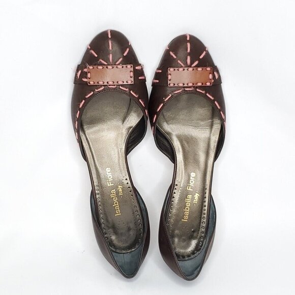 Isabella Fiore Leather Pumps 8 Brown Pink Embroidered Yarn Kitten Heel Open Side - Picture 6 of 9